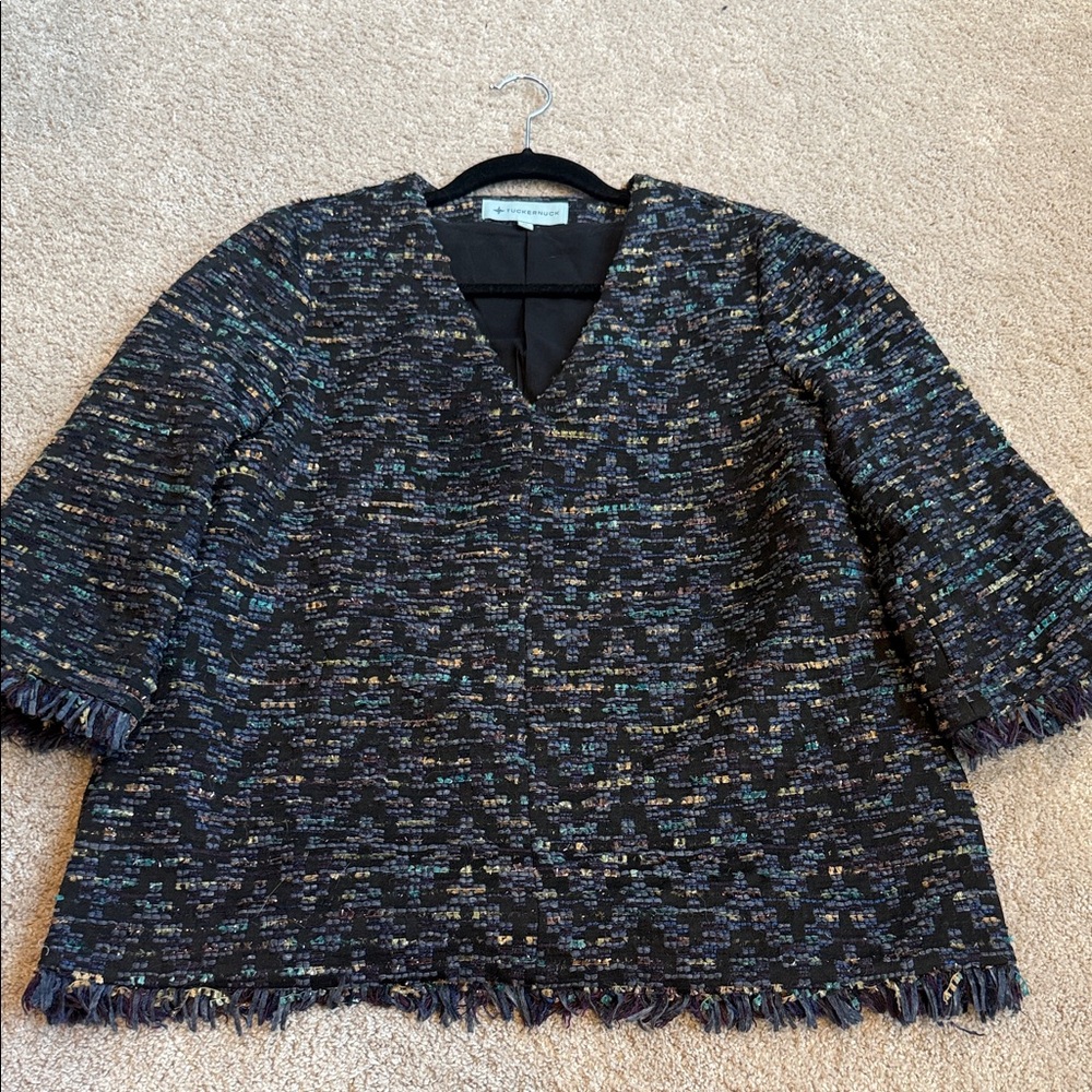 Textured Fringe Trim V-Neck Pullover — Black with Multicolor Flecks